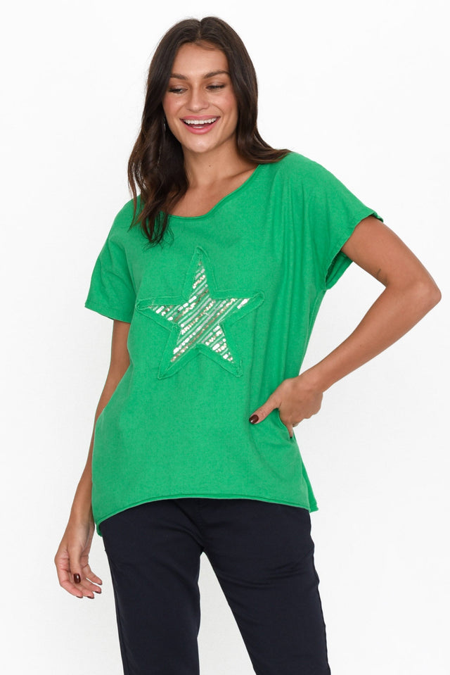 Kassidy Emerald Star Sequin Tee neckline_Round 