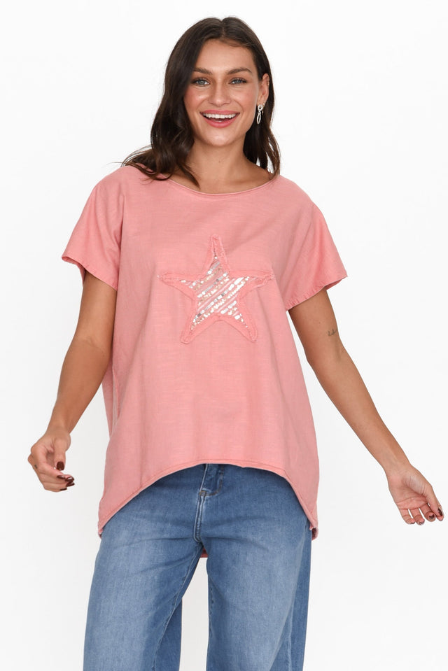 Kassidy Pink Star Sequin Tee neckline_Round  alt text|model:Brontie;wearing:S/M