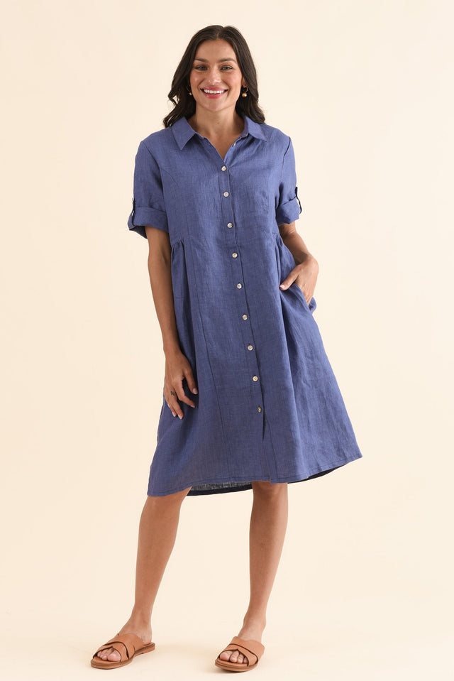 Kathy Blue Linen Shirt Dress,Full Body,Brunette model,alt text|model:Brontie