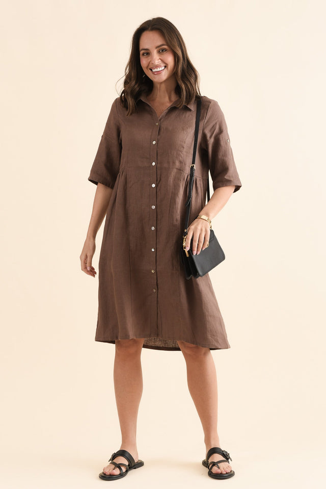 Kathy Brown Linen Shirt Dress,Front,Brunette model,alt text|model:MJ image 1