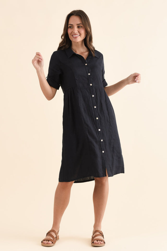 Kathy Navy Linen Shirt Dress,Full Body,Brunette model,alt text|model:MJ image 6