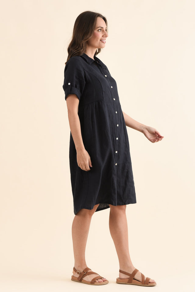 Kathy Navy Linen Shirt Dress,Side,Brunette model,alt text|model:MJ image 3