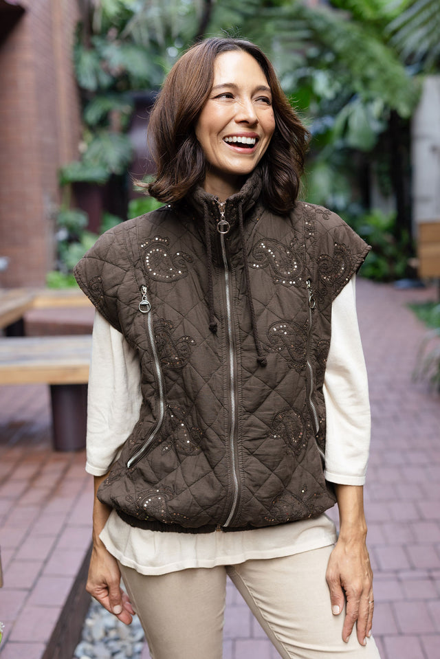 Kaylani-Chocolate-Sequin-Qulited-Vest, Lifestyle