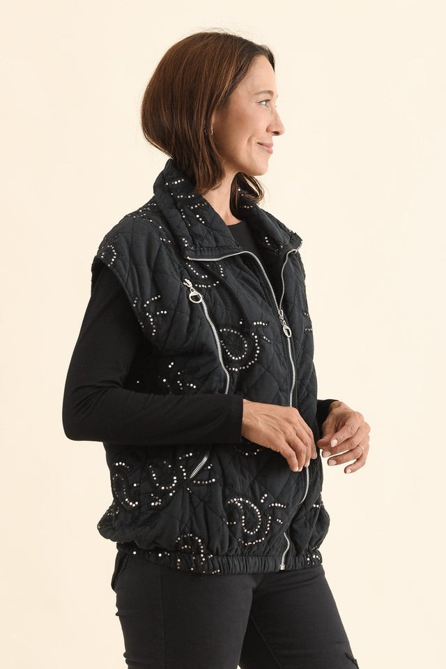 Kaylani Black Sequin Quilted Vest,Side,Brunette model,alt text|model:Cara image 4