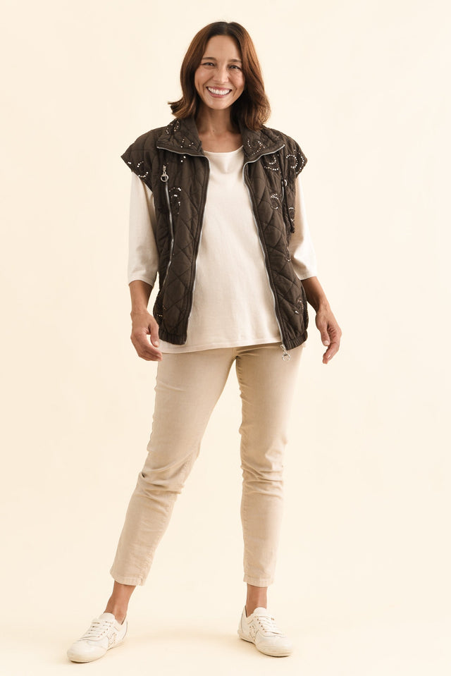 Kaylani Chocolate Sequin Quilted Vest,Full Body,Brunette model,alt text|model:Cara image 8