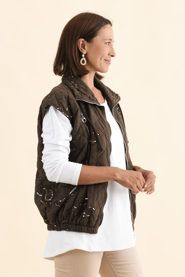 Kaylani Chocolate Sequin Quilted Vest,Brunette model,alt text|model:Cara image 4