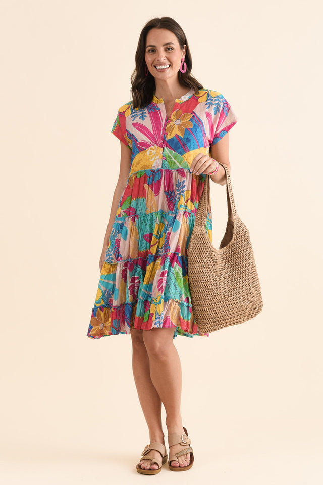 Kaylee Yellow Blossom Crinkle Cotton Dress,Front,Brunette model,alt text|model:MJ