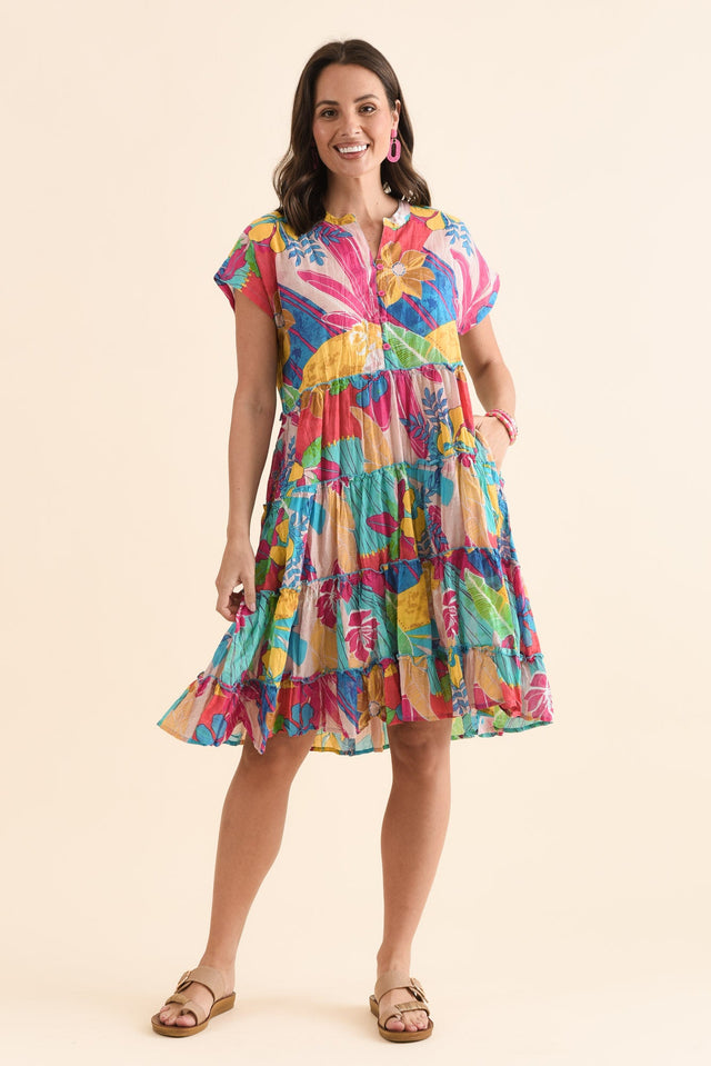 Kaylee Yellow Blossom Crinkle Cotton Dress,Full Body,Brunette model,alt text|model:MJ