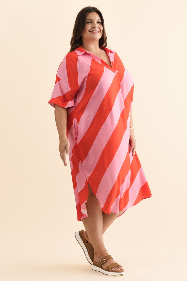 Kazi Pink Stripe Shirt Dress,Brunette model,alt text|model:Gabby image 11