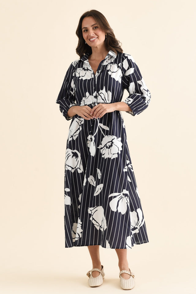 Keaton Navy Floral Stripe Tie Dress,brunette model,Full Outfit,alt text|model:MJ