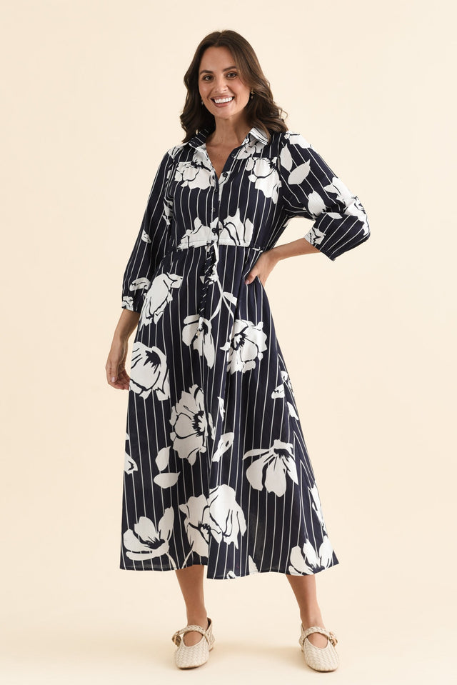 Keaton Navy Floral Stripe Tie Dress,brunette model,Full Outfit,alt text|model:MJ image 6