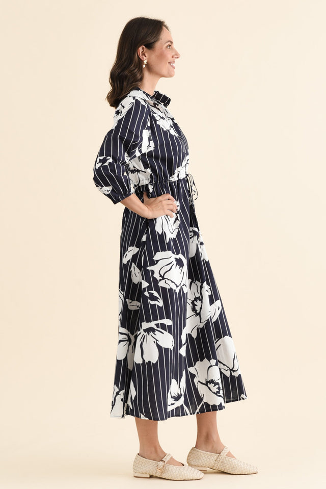Keaton Navy Floral Stripe Tie Dress,brunette model,Side of Outfit,alt text|model:MJ image 3