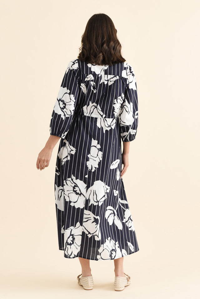 Keaton Navy Floral Stripe Tie Dress,brunette model,Back of Outfit,alt text|model:MJ image 4
