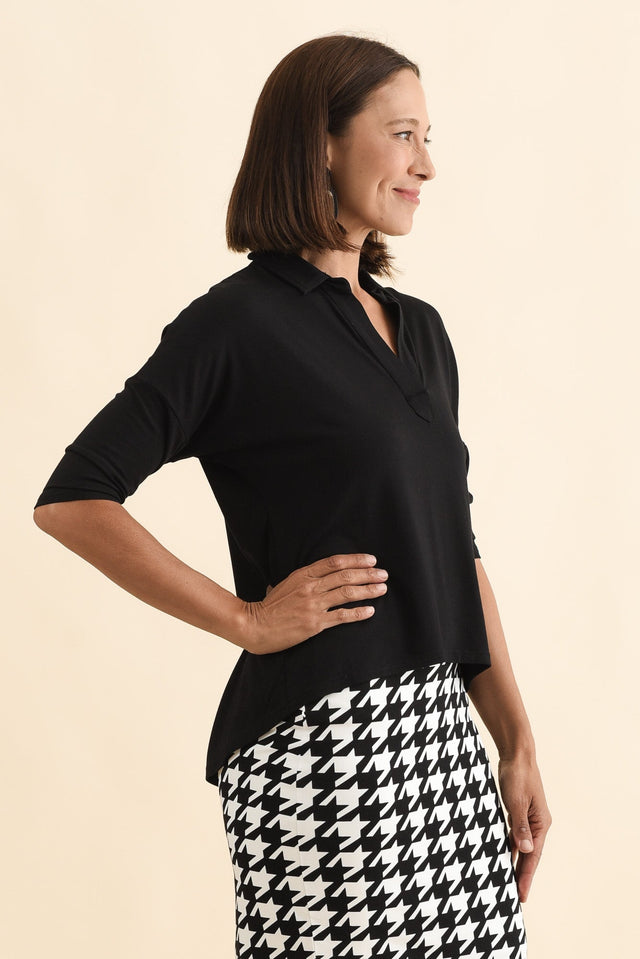 Khan Black Collared Polo Top,Brunette model,alt text|model:Cara image 4