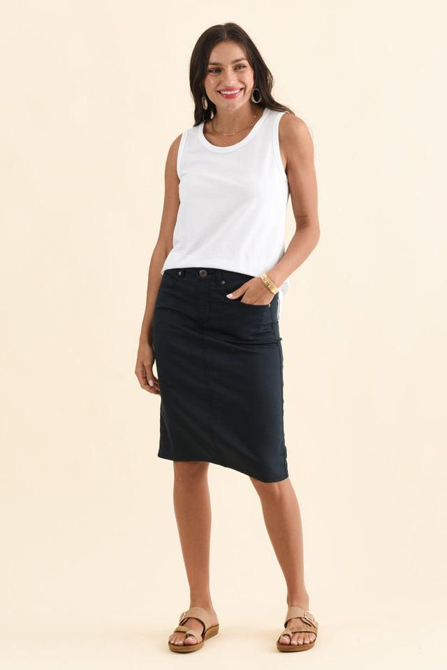 Palin Navy Zip Front Skirt,Brunette model,alt text|model:Brontie image 4