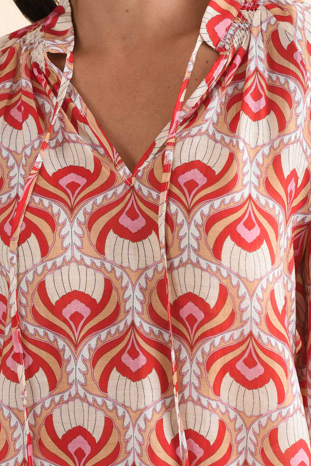 Kim Red Abstract Cotton Top,Detail,Brunette model,alt text|model:Brontie image 5