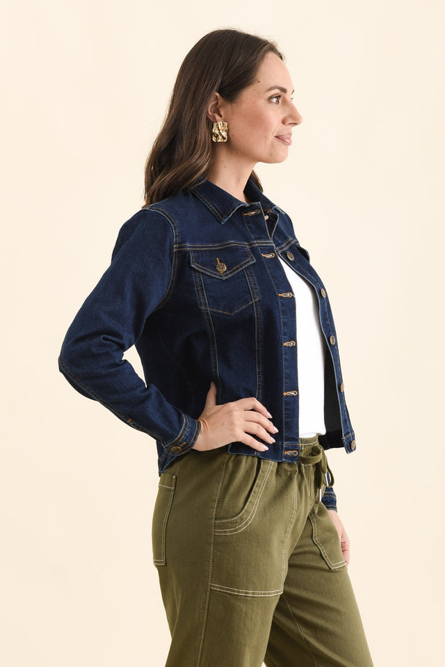 Kimbra Blue Denim Stretch Jacket,Side,Brunette model,alt text|model:MJ image 4