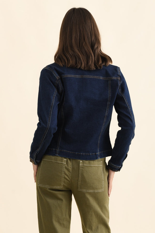 Kimbra Blue Denim Stretch Jacket,Back,Brunette model,alt text|model:MJ image 5