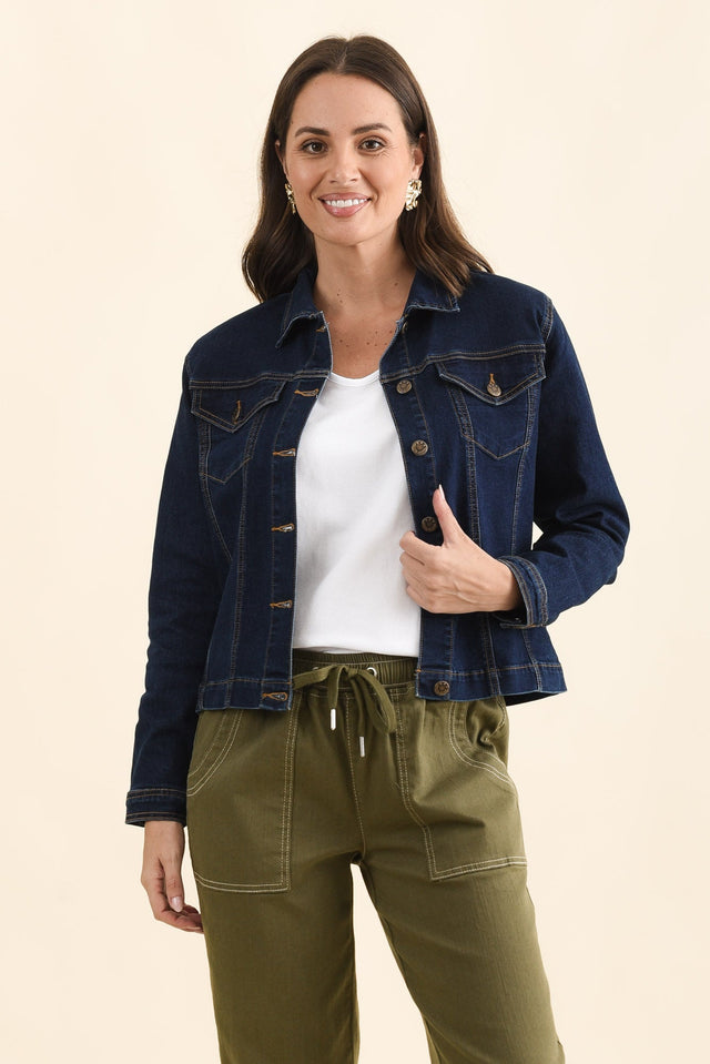 Kimbra Blue Denim Stretch Jacket,Front,Brunette model,alt text|model:MJ image 1
