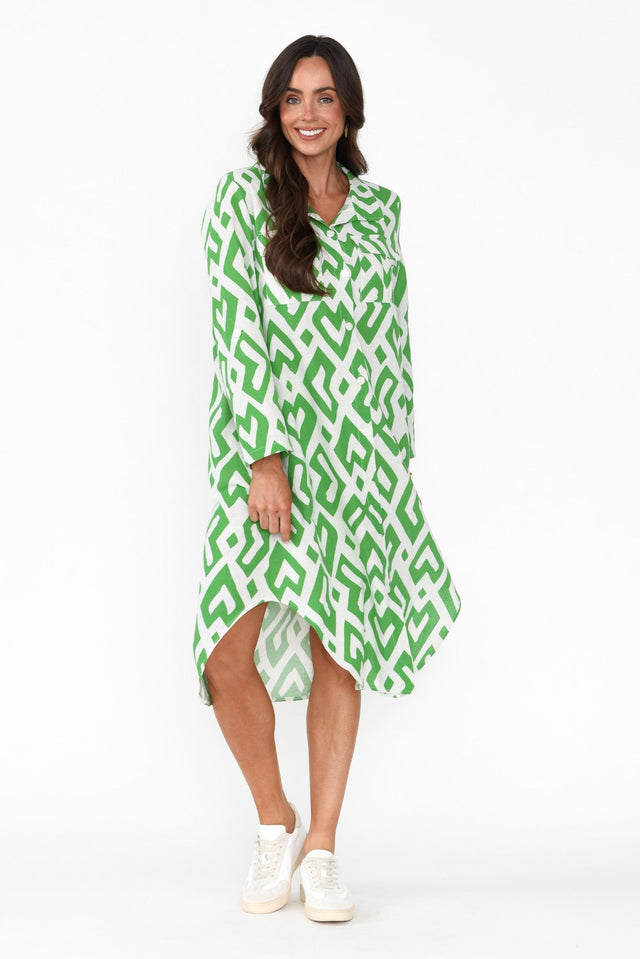 Kisley Green Geo Cotton Linen Dress