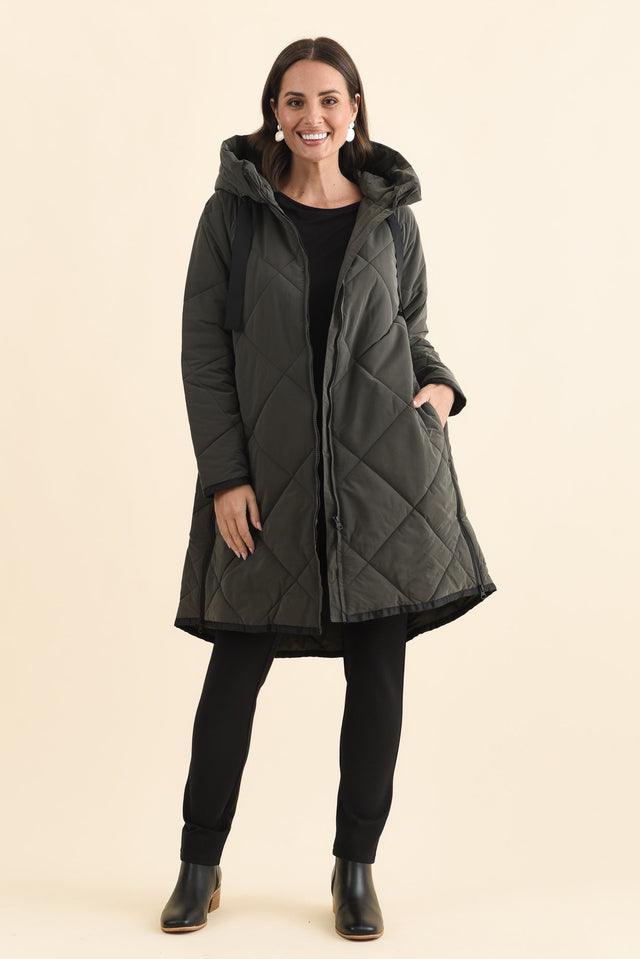 Koami Charcoal Quilted Hooded Coat,Brunette model,alt text|model:MJ image 9