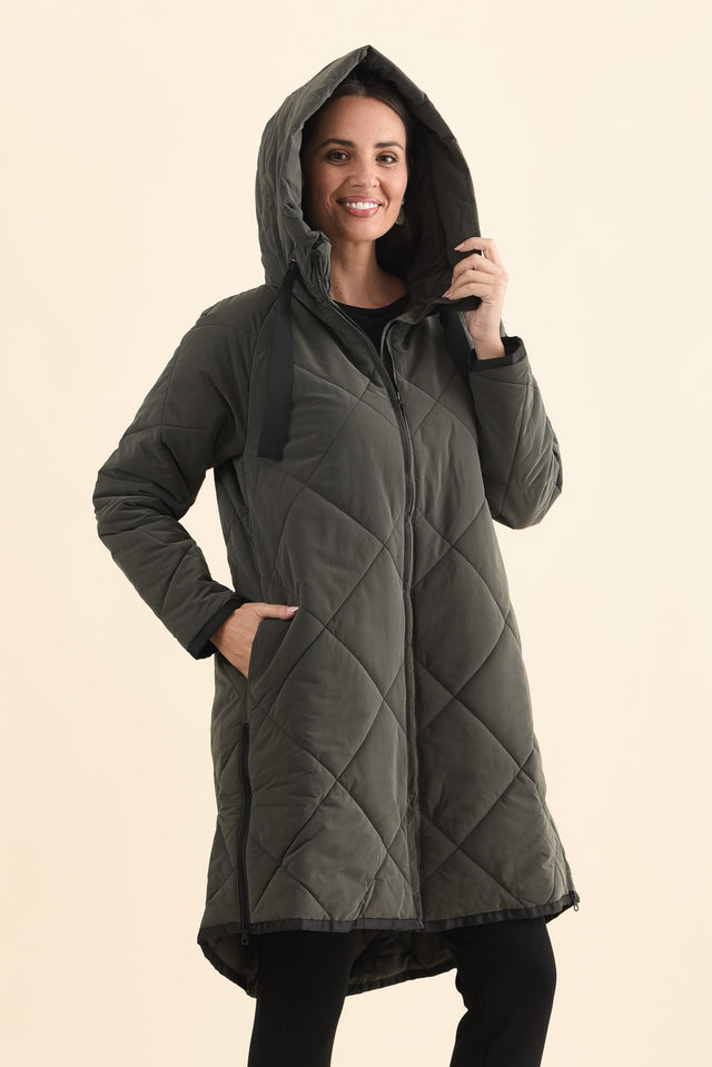 Koami Charcoal Quilted Hooded Coat,Brunette model,alt text|model:MJ image 5