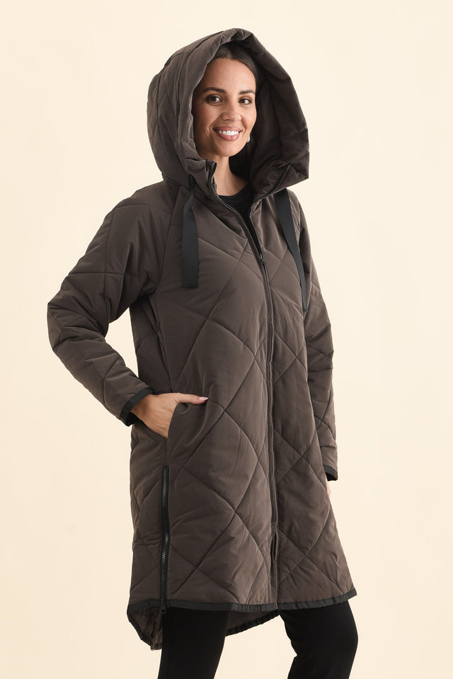 Koami Chocolate Quilted Hooded Coat,Brunette model,alt text|model:MJ image 4