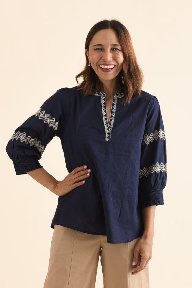 Kooma Navy Cotton Embroidered Top,Front,Brunette model,alt text|model:Cara image 1