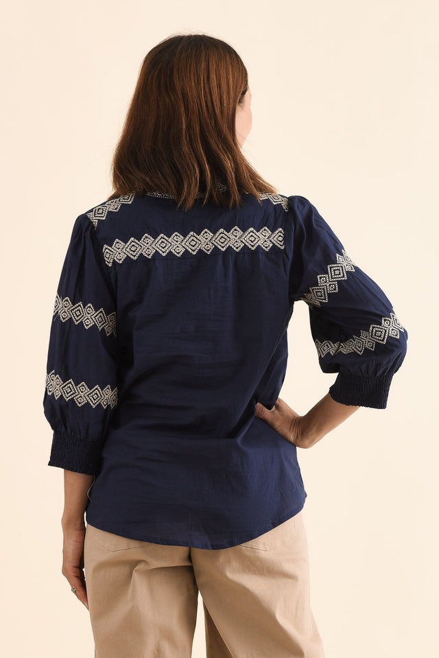 Kooma Navy Cotton Embroidered Top,Back,Brunette model,alt text|model:Cara image 4