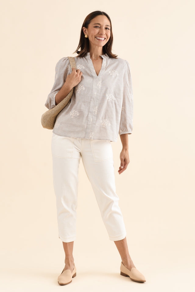 Korey Beige Stripe Cotton Blouse,Full Body,Brunette model,alt text|model:Cara image 2