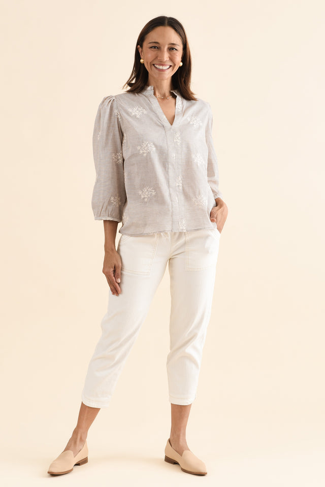 Korey Beige Stripe Cotton Blouse,Full Body,Brunette model,alt text|model:Cara image 6