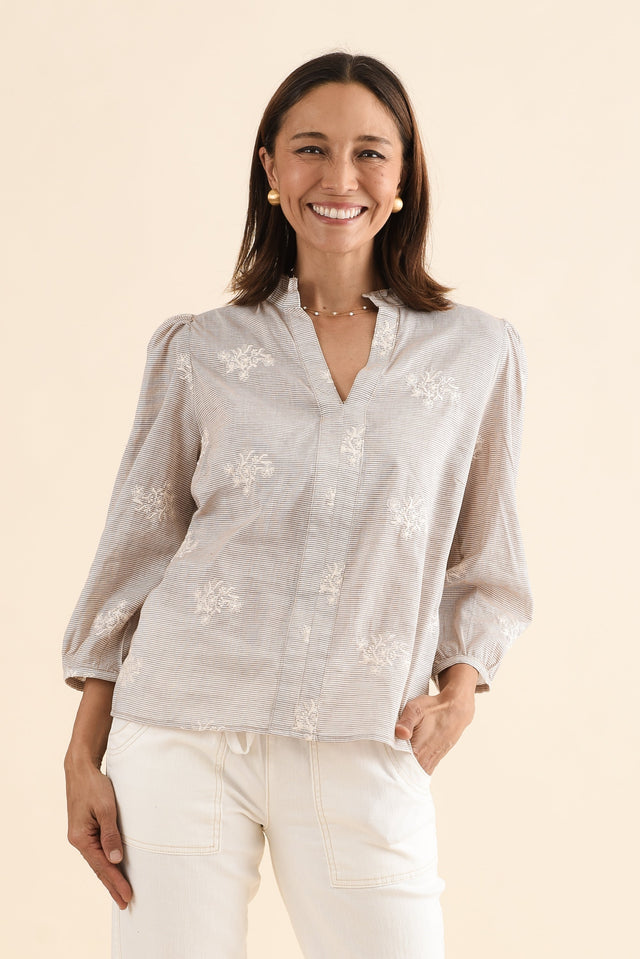 Korey Beige Stripe Cotton Blouse,Front,Brunette model,alt text|model:Cara image 1