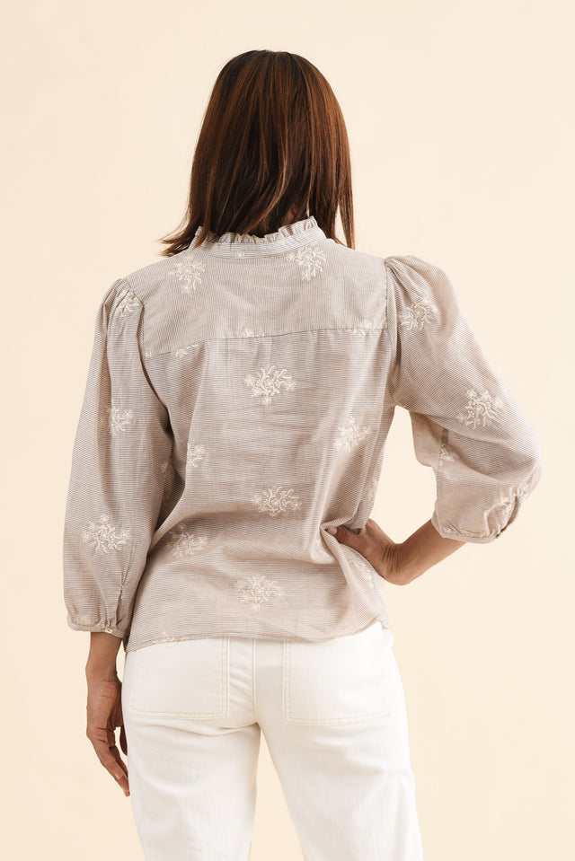 Korey Beige Stripe Cotton Blouse,Back,Brunette model,alt text|model:Cara image 4