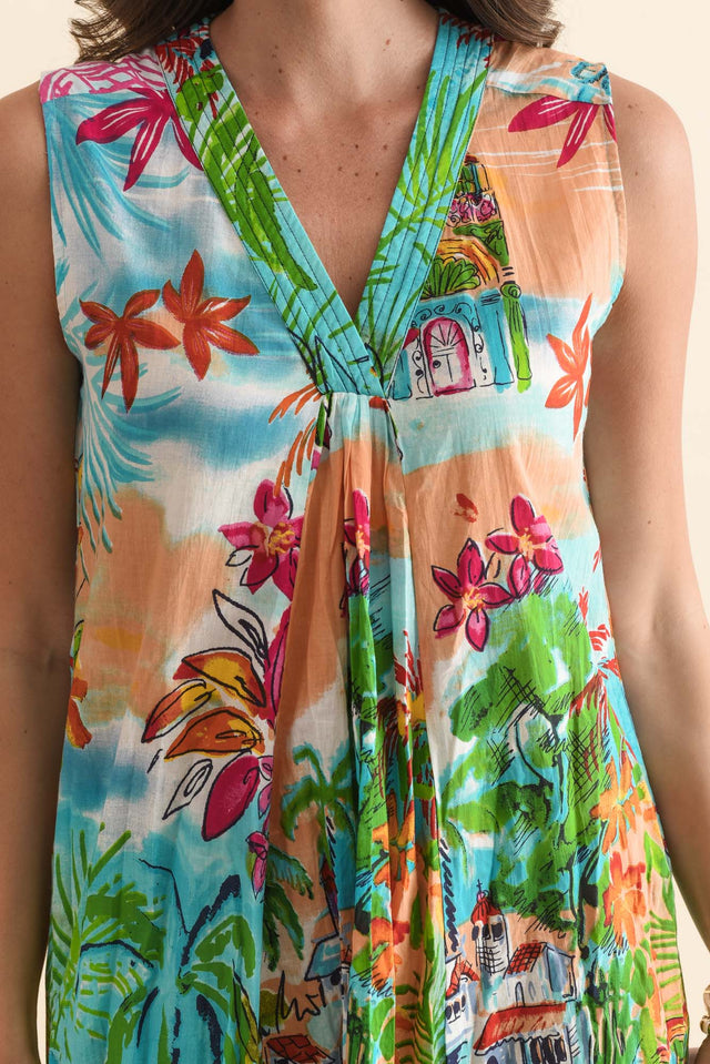 Kori Orange Tropical Cotton Sleeveless Dress,Detail,Brunette model,alt text|model:MJ image 5
