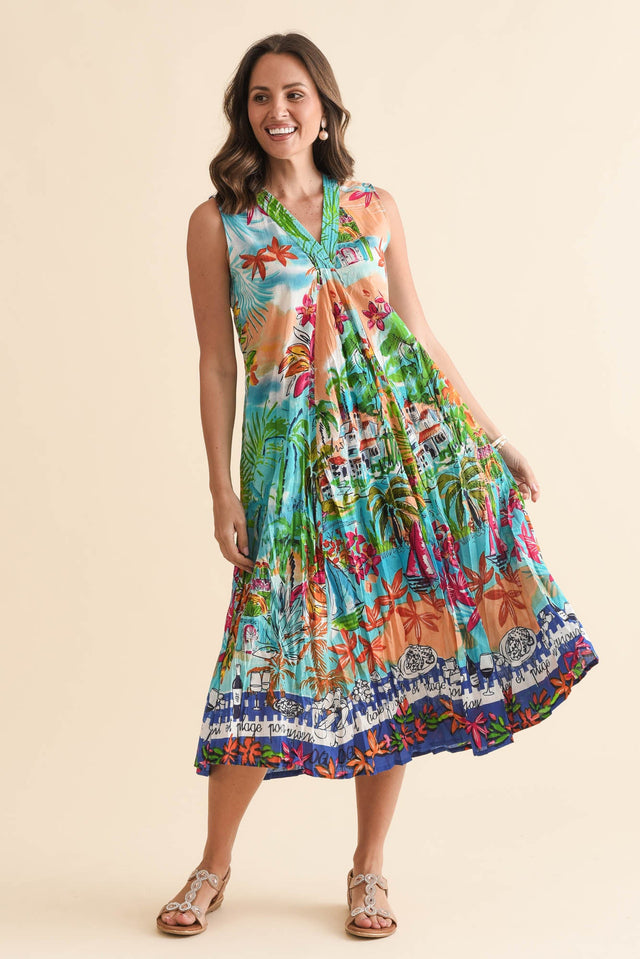 Kori Orange Tropical Cotton Sleeveless Dress,Full Body,Brunette model,alt text|model:MJ image 2