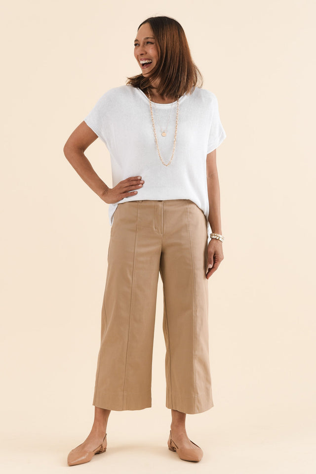 Kristy Beige Cotton Wide Leg Pants,Full Body,Brunette model,alt text|model:Cara image 6