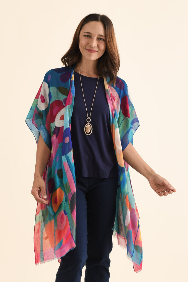 Kyle Blue Floral Kimono,Front,Brunette model,alt text|model:Cara image 1