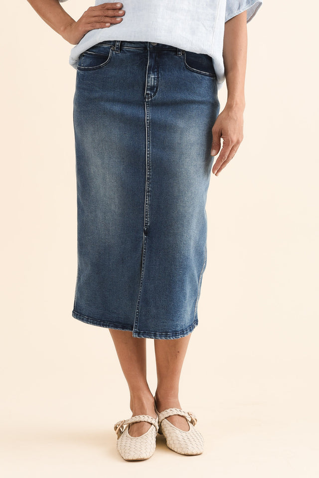 Kylie Dark Wash Denim Midi Skirt,Front,Brunette model,alt text|model:Cara