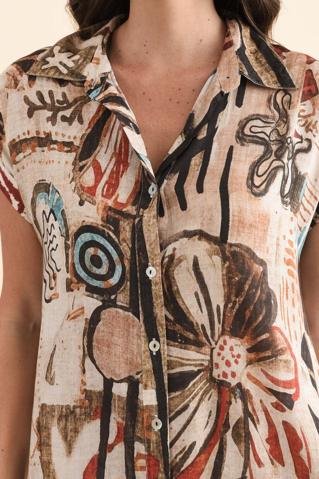 Kyrie Brown Abstract Shirt Dress,Detail,Brunette model,alt text|model:MJ image 5