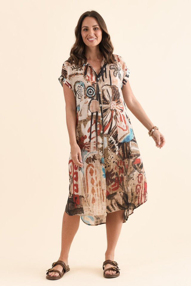 Kyrie Brown Abstract Shirt Dress,Full Body,Brunette model,alt text|model:MJ image 6