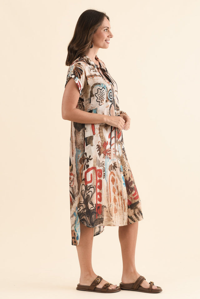 Kyrie Brown Abstract Shirt Dress,Side,Brunette model,alt text|model:MJ image 3