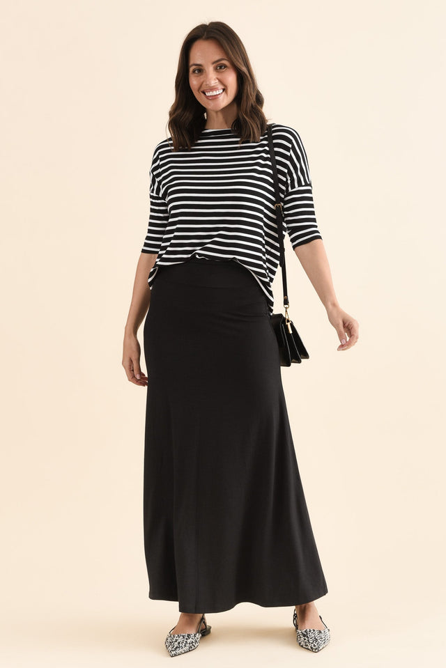Lana Black Bamboo Cotton Maxi Skirt,Full Body,Brunette model,alt text|model:MJ