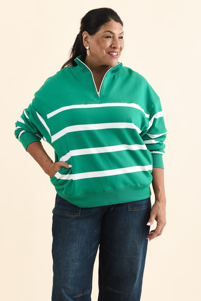 Lane Green Stripe Half Zip Sweatshirt,Brunette model,alt text|model:Pilita image 8