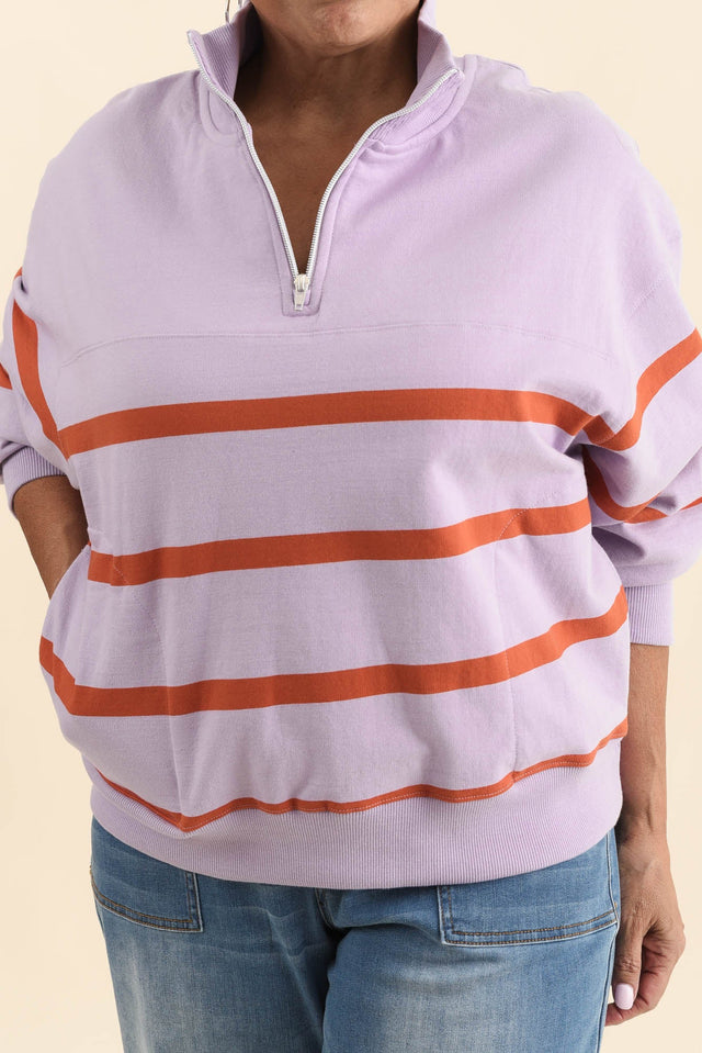 Lane Lilac Stripe Half Zip Sweatshirt,Detail,Brunette model,alt text|model:Pilita image 5
