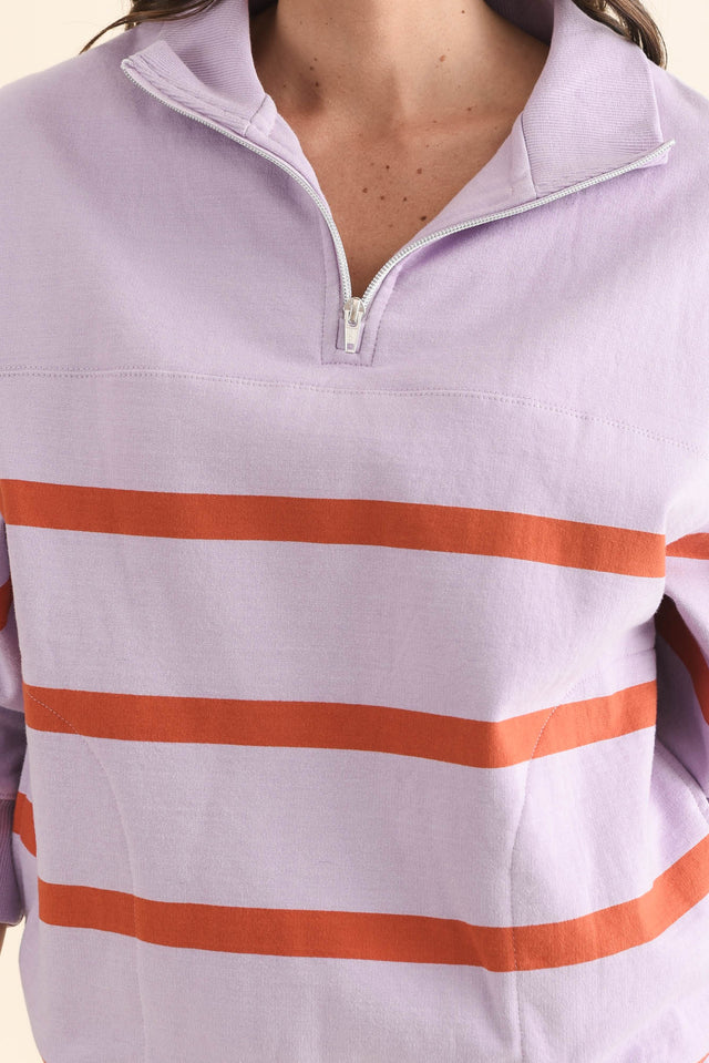 Lane Lilac Stripe Half Zip Sweatshirt,Detail,Brunette model,alt text|model:MJ image 5