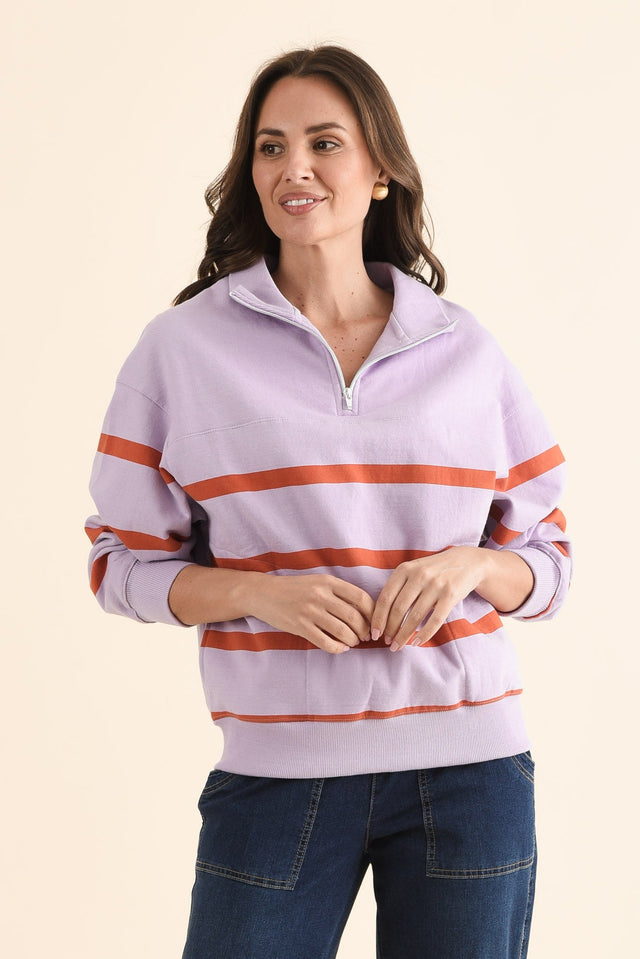 Lane Lilac Stripe Half Zip Sweatshirt,Front,Brunette model,alt text|model:MJ image 1