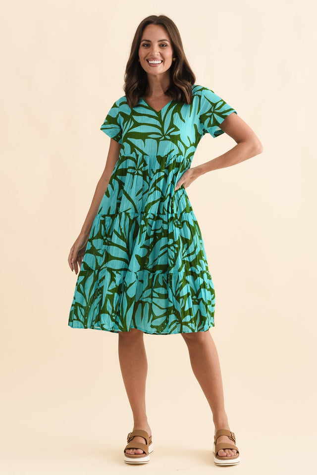 Lania Aqua Botanical Crinkle Cotton Dress,Brunette model,alt text|model:MJ image 7