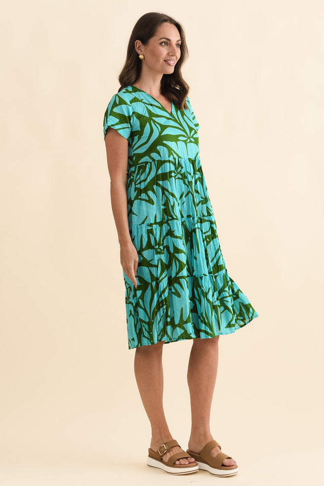 Lania Aqua Botanical Crinkle Cotton Dress,Brunette model,alt text|model:MJ image 4