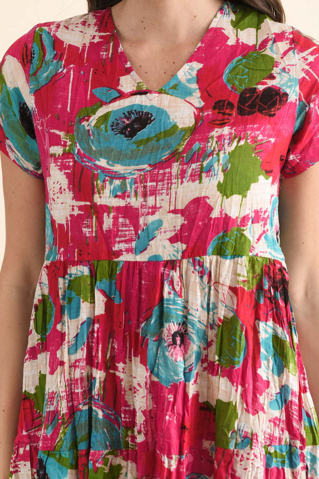 Lania Fuchsia Flower Crinkle Cotton Dress,Back,Brunette model,alt text|model:MJ image 4