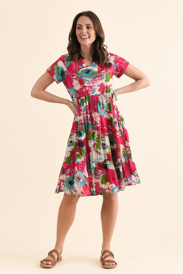 Lania Fuchsia Flower Crinkle Cotton Dress,Detail,Brunette model,alt text|model:MJ image 5